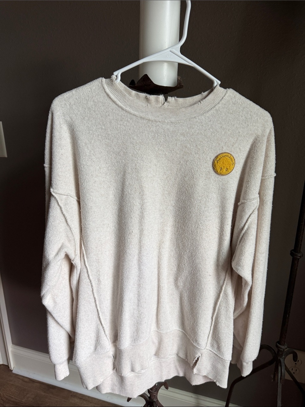 aerie Cream Pullover Sweatshirt with Yellow Smiley Patch